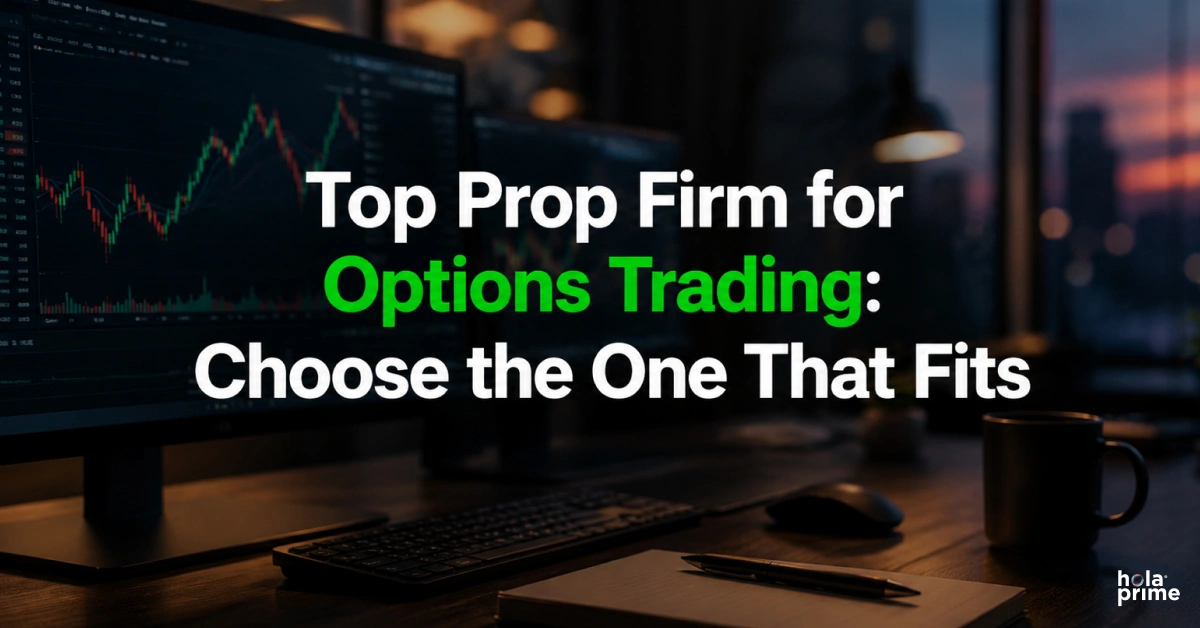 Modern options trading workspace with market charts and the headline "Top Prop Firm for Options Trading: Choose the One That Fits.
